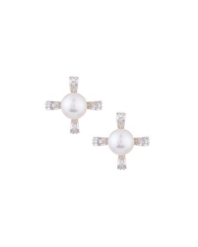 14k White Gold Pearl & Diamond Cross Stud Earrings,