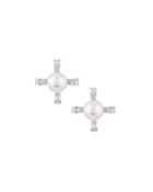 14k White Gold Pearl & Diamond Cross Stud Earrings,