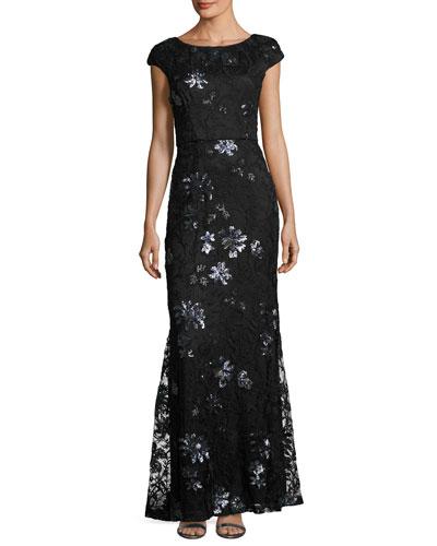 Sequin-embroidered Lace Cap-sleeve Gown, Black/blue