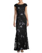 Sequin-embroidered Lace Cap-sleeve Gown, Black/blue