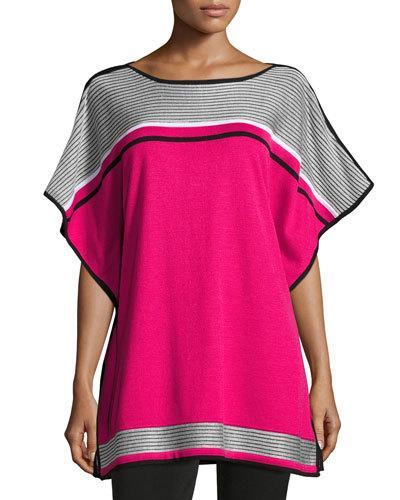 Striped Half-sleeve Tunic Top, Ebony/peony/white