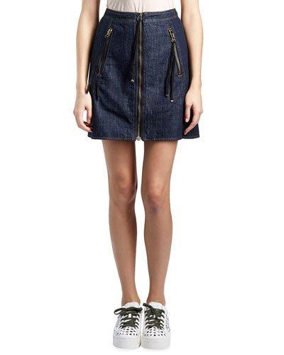 Cotton Denim Zip Mini Skirt, Dark Blue
