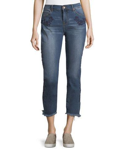 Embroidered Straight-leg Ankle Jeans