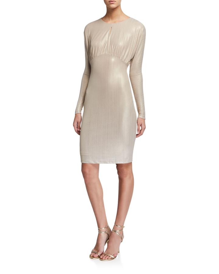 Metallic Jewel-neck Long-sleeve Dress