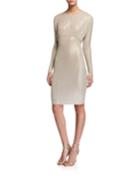 Metallic Jewel-neck Long-sleeve Dress