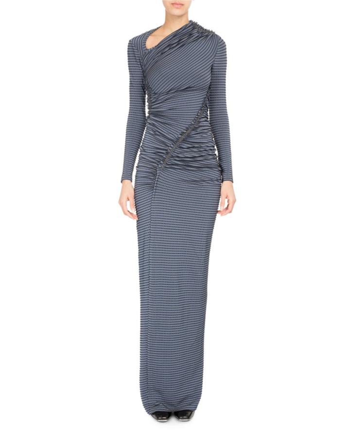 Striped-dot Ruched Jersey Gown
