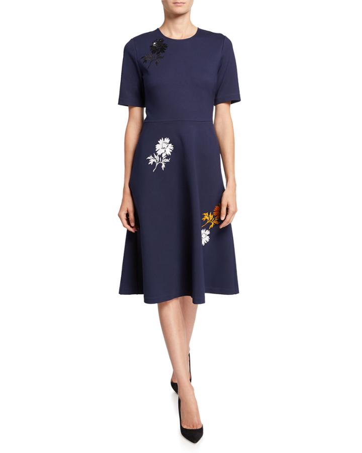 Embellished Short-sleeve Ponte Dress