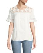 Pleated Lace-yoke Short-sleeve Top