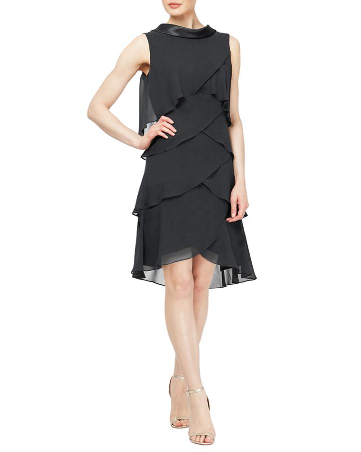 Sleeveless Satin Roll-neck Tiered Dress