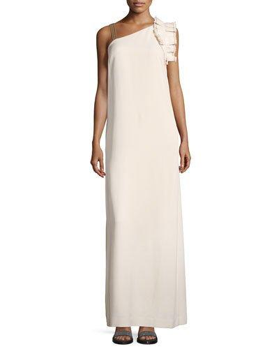 Ruffled-shoulder Silk-crepe Gown, Ivory