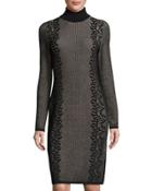 Fitted Turtleneck Jacquard Dress, Black/pink