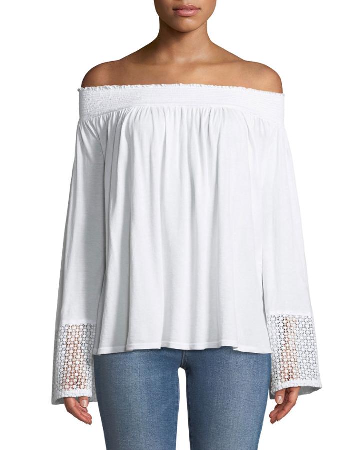 Off-the-shoulder Lace-cuff Peasant Top
