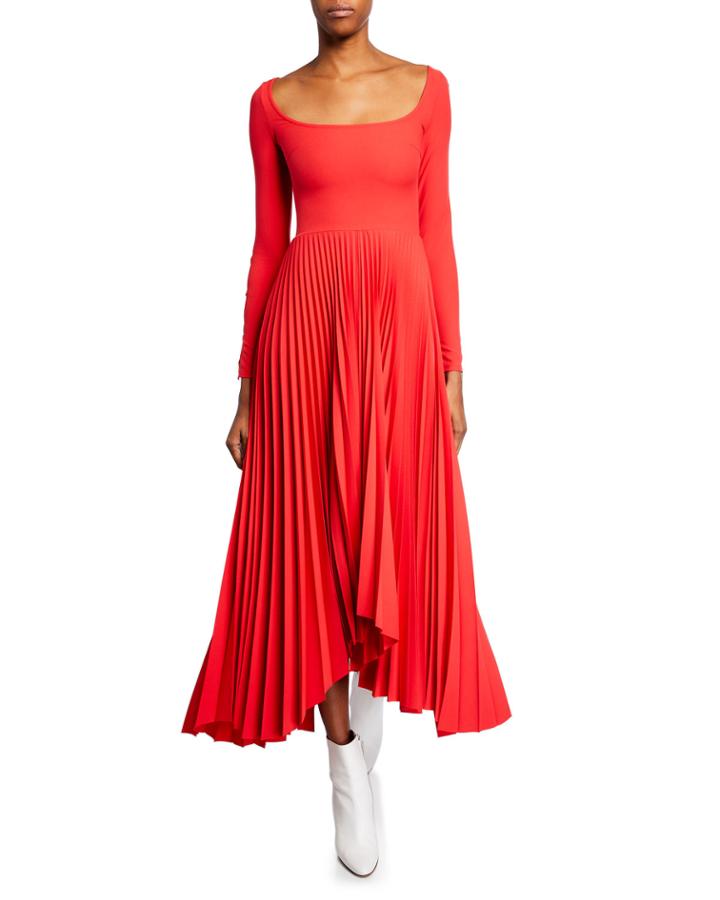 Scoop-neck Long-sleeve Pleated Dress