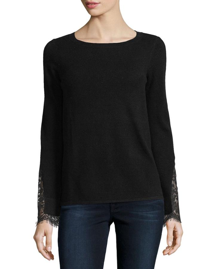 Lace-cuff Cashmere Crewneck