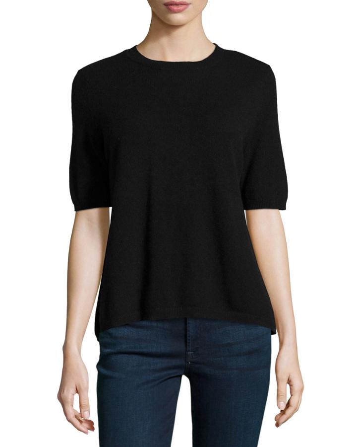 Minnie Rose Cashmere Short-sleeve Button-back Knit Top, Black, Women's,