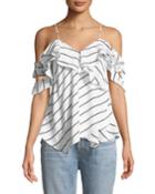 Cold-shoulder Pinstriped Ruffle-wrap Blouse, White/blue