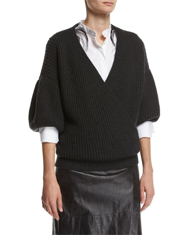 English-rib Cashmere Balloon-sleeve Pullover