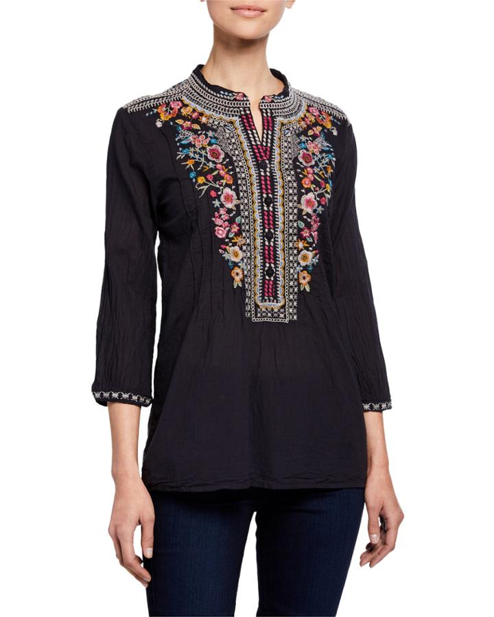 Bethanie Floral Embroidered Button-down Tunic Blouse