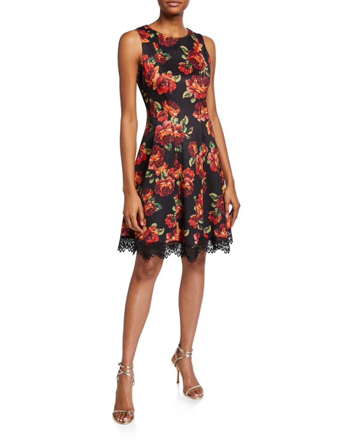 Floral Fit-&-flare Lace-hem Sleeveless Dress