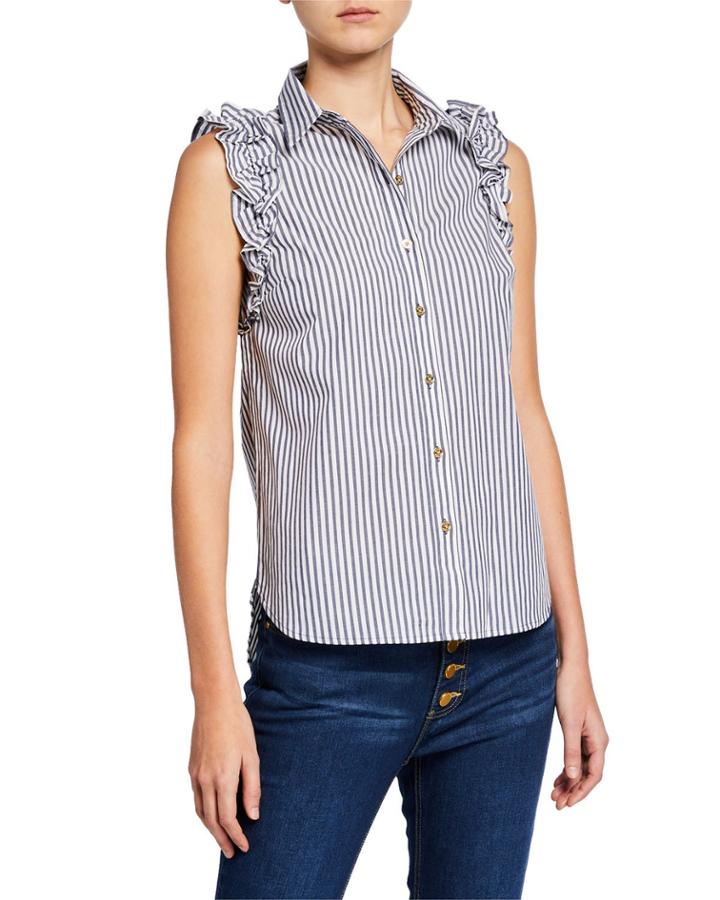 Striped Sleeveless Ruffle Button-down Top