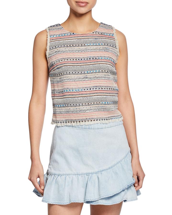 Striped Tweed Top With Frayed Trim