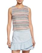 Striped Tweed Top With Frayed Trim