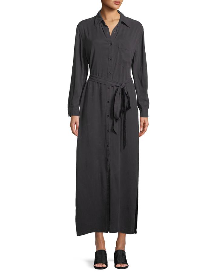 Button-front Garment-dye Twill Long Shirtdress W/ Belt