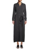 Button-front Garment-dye Twill Long Shirtdress W/ Belt