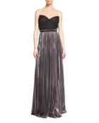 Strapless Pleated Silk Gown With Illusion Neck, Anthracite