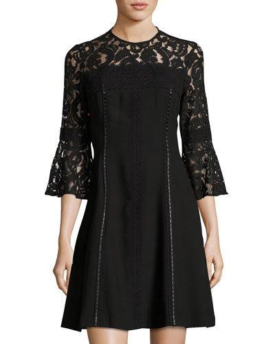 Illusion 3/4-sleeve A-line Dress, Black