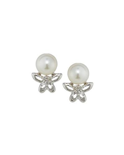 14k White Gold Pearl & Diamond Butterfly Stud Earrings,