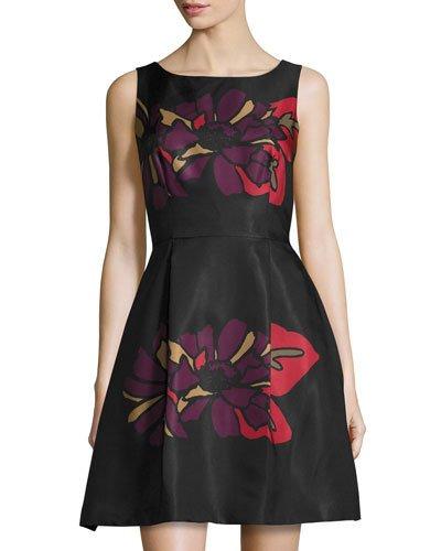 Sleeveless Floral-print Party Dress, Black Plum