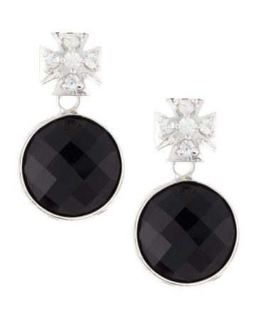 Pave Maltese Cross Black Onyx Dangle & Drop Earrings