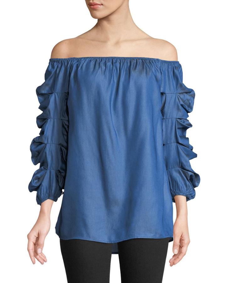 Off-the-shoulder Shirred-sleeve Blouse