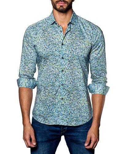 Dot-print Sport Shirt, Blue/green