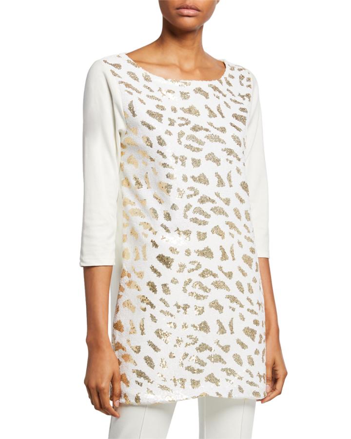 Plus Size Sequin Animal 3/4-sleeve Cotton Interlock Tunic