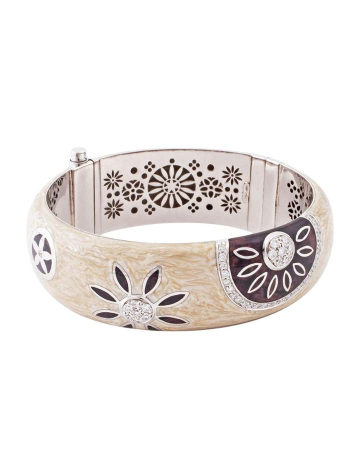 18k White Gold Wide Enamel Bangle W/ Diamond Flowers, Tan/brown