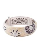 18k White Gold Wide Enamel Bangle W/ Diamond Flowers, Tan/brown