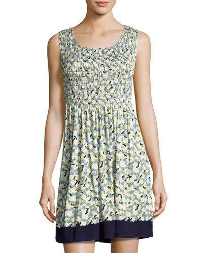 Smocked Floral-print Jersey Dress, Blue Pattern