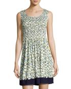 Smocked Floral-print Jersey Dress, Blue Pattern