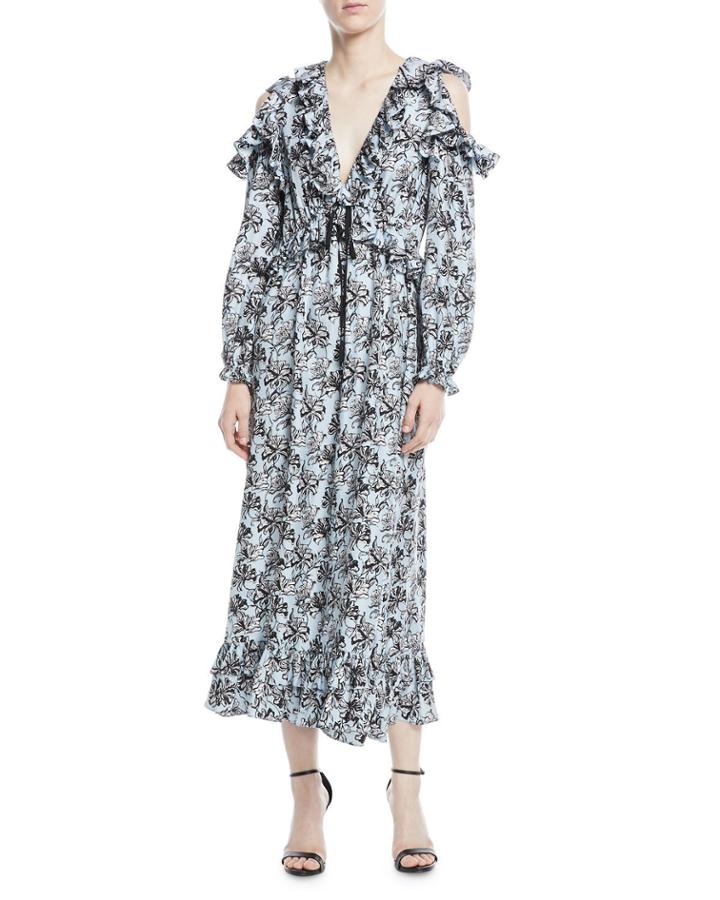 Orchid-print V-neck Silk Ruffled