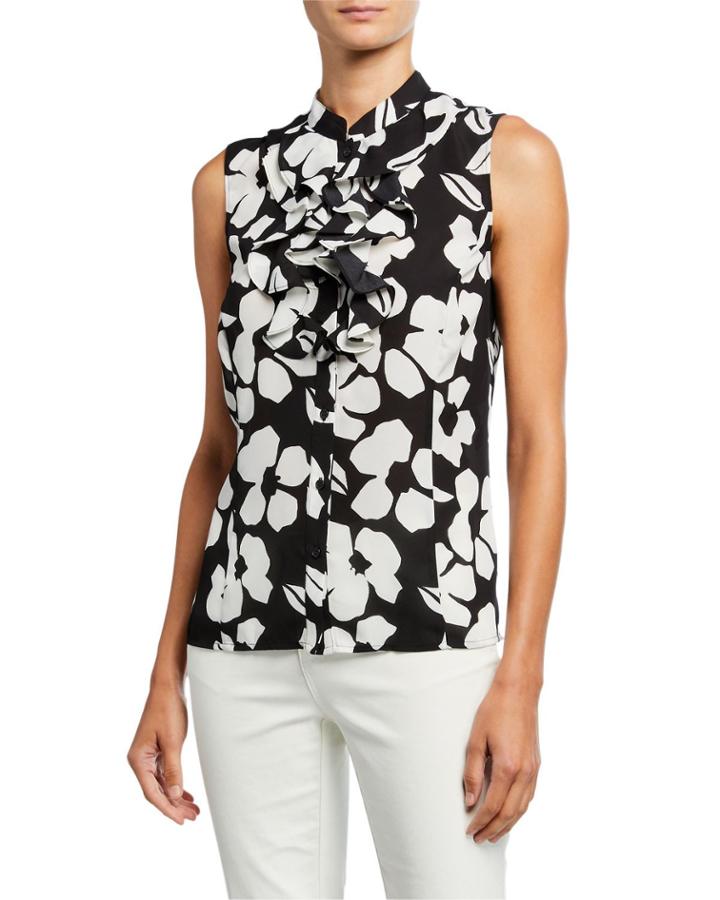 Floral-print Double Ruffle Sleeveless Blouse