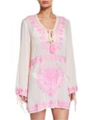 Embroidered Deep V-neck Tassel-tie Long-sleeve Coverup, Pink