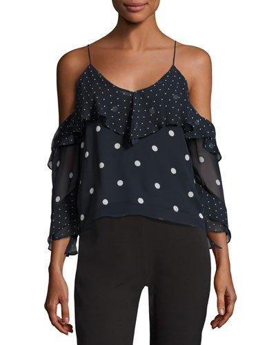 Polka Dot Spiral-sleeve Cold-shoulder Silk Top, Blue/white