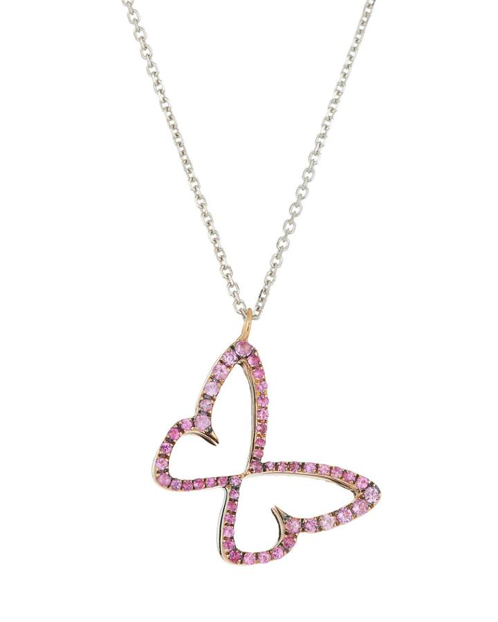 14k White Gold Sapphire Floating Butterfly Necklace, Pink
