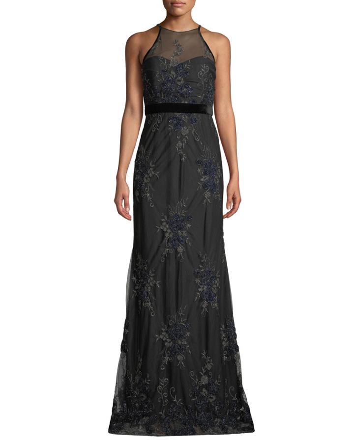 Floral Embellished Tulle Racerback Gown