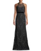 Floral Embellished Tulle Racerback Gown