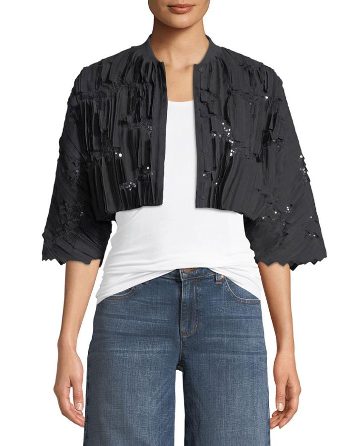Pleated 3/4-sleeve Cropped Bolero Jacket