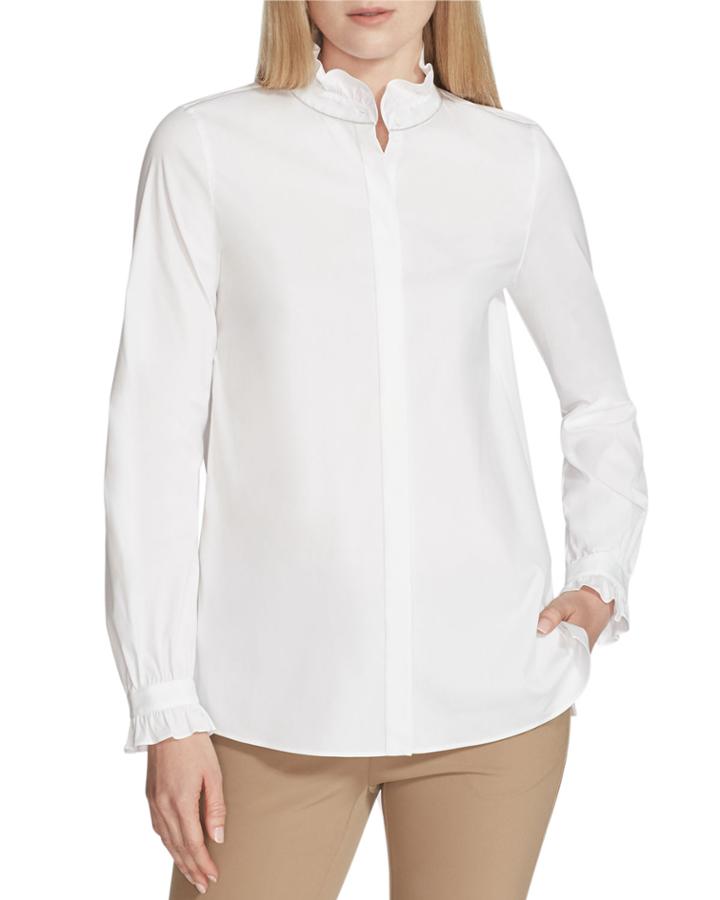 Kelly Italian Stretch-cotton Blouse W/ Ruffled-trim