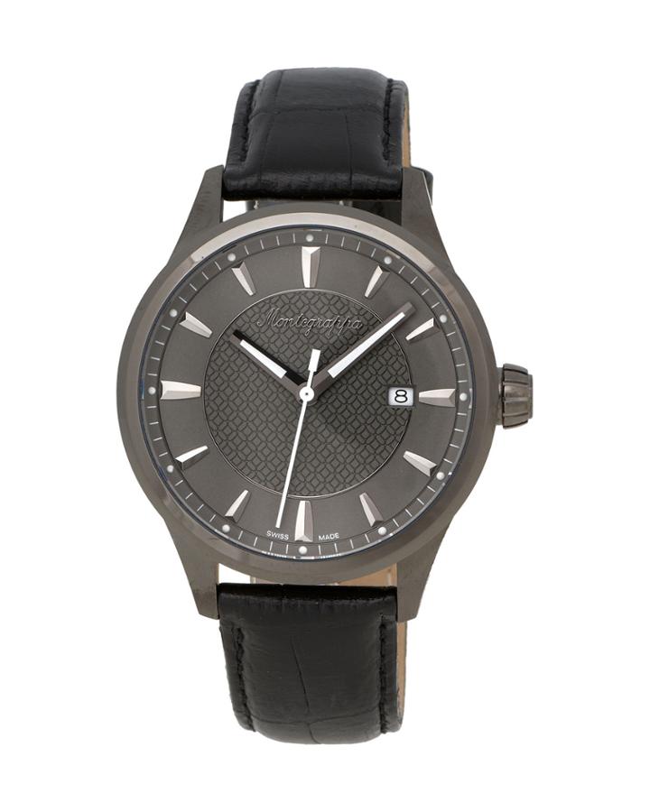 Men's 42mm Fortuna Date Watch W/ Leather Strap, Gunmetal